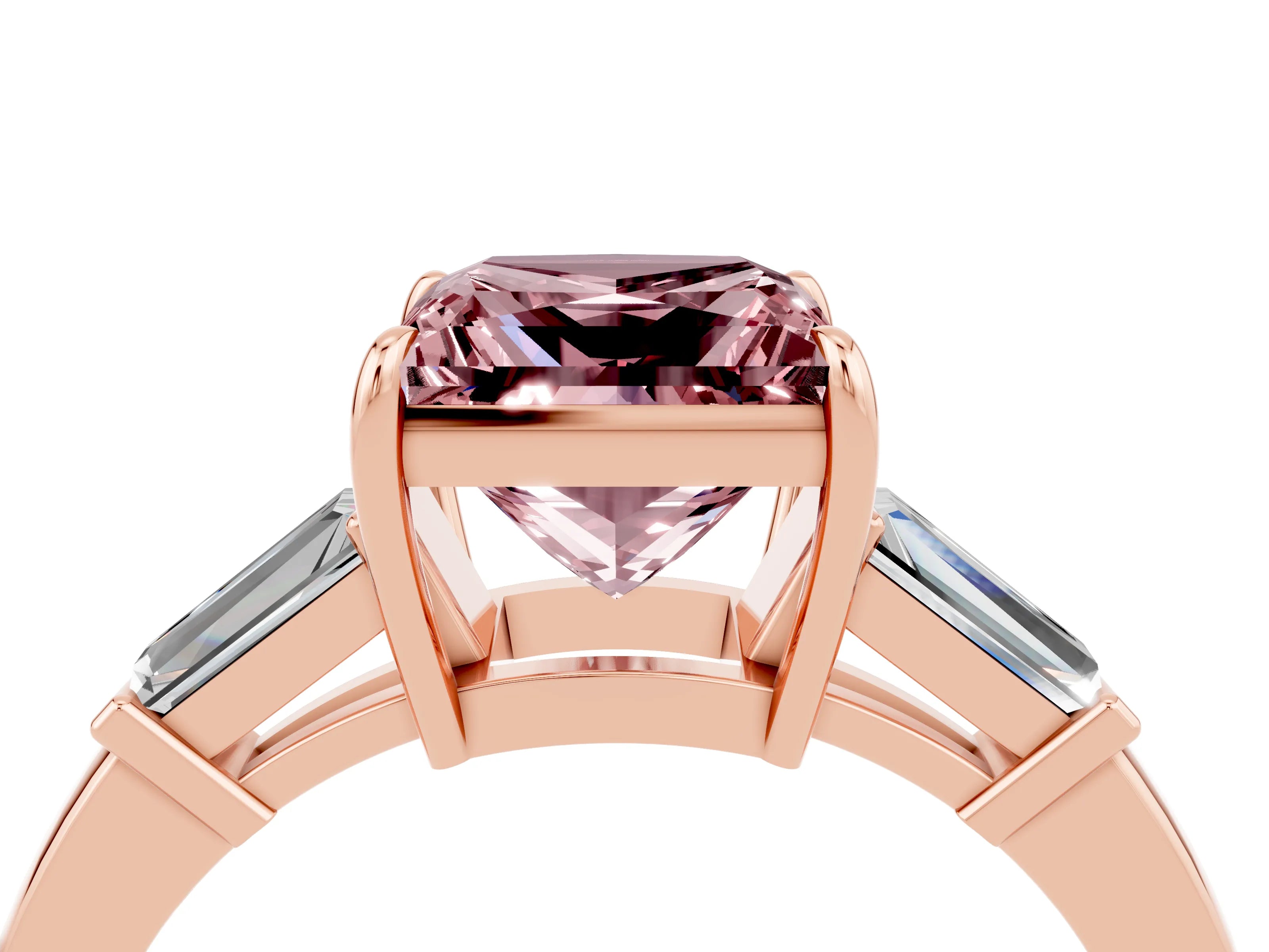 Rose gold Princess Cut Cut Diamond Ring with Tapered Baguette Side Stones in Four-Prong Setting_4