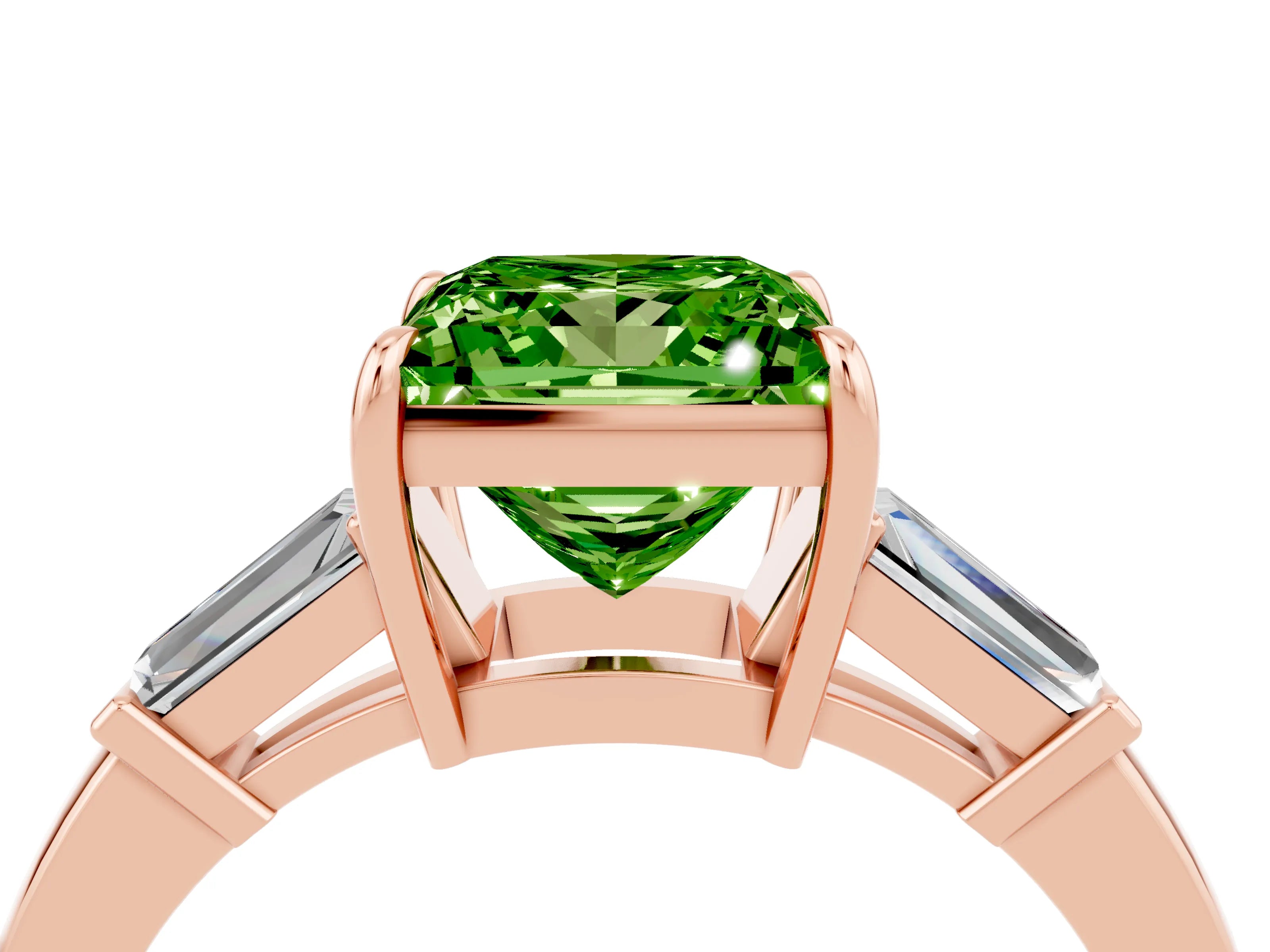 Rose gold Princess Cut Cut Diamond Ring with Tapered Baguette Side Stones in Four-Prong Setting_4