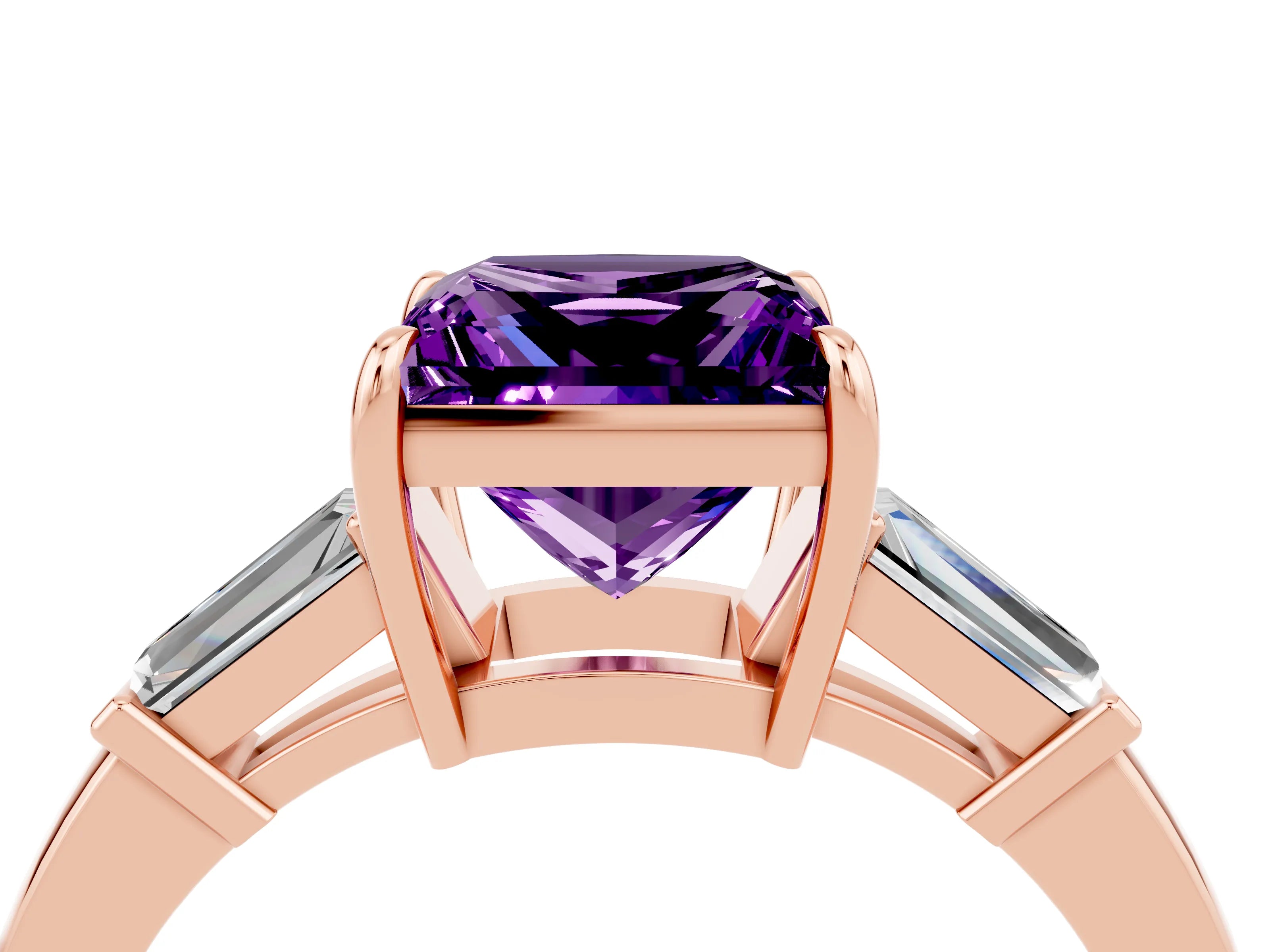 Rose gold Princess Cut Cut Diamond Ring with Tapered Baguette Side Stones in Four-Prong Setting_4