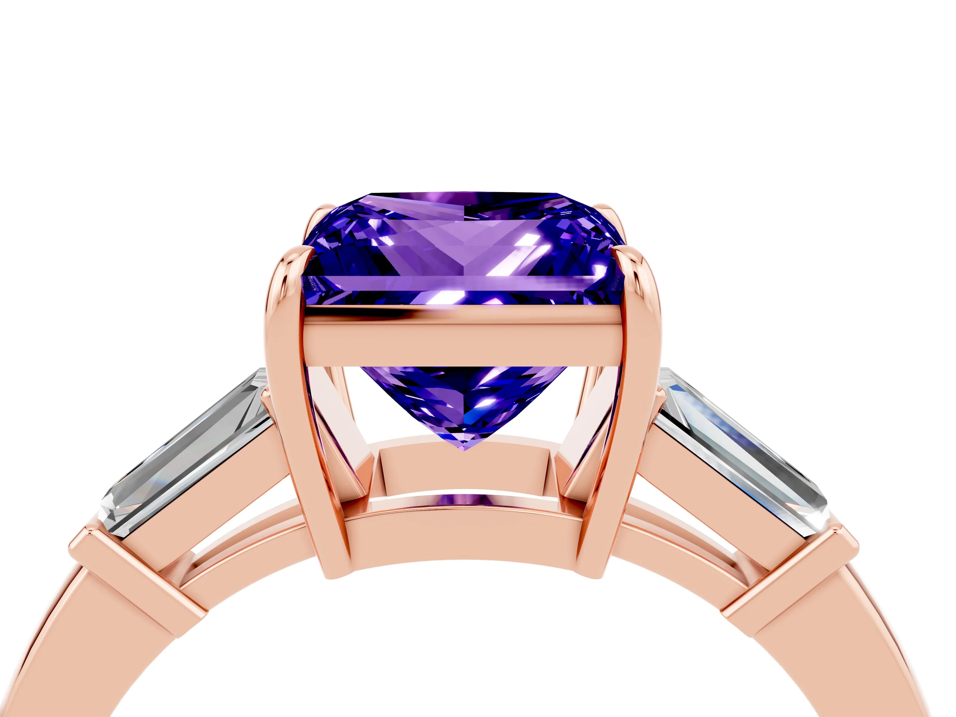 Rose gold Princess Cut Cut Diamond Ring with Tapered Baguette Side Stones in Four-Prong Setting_4
