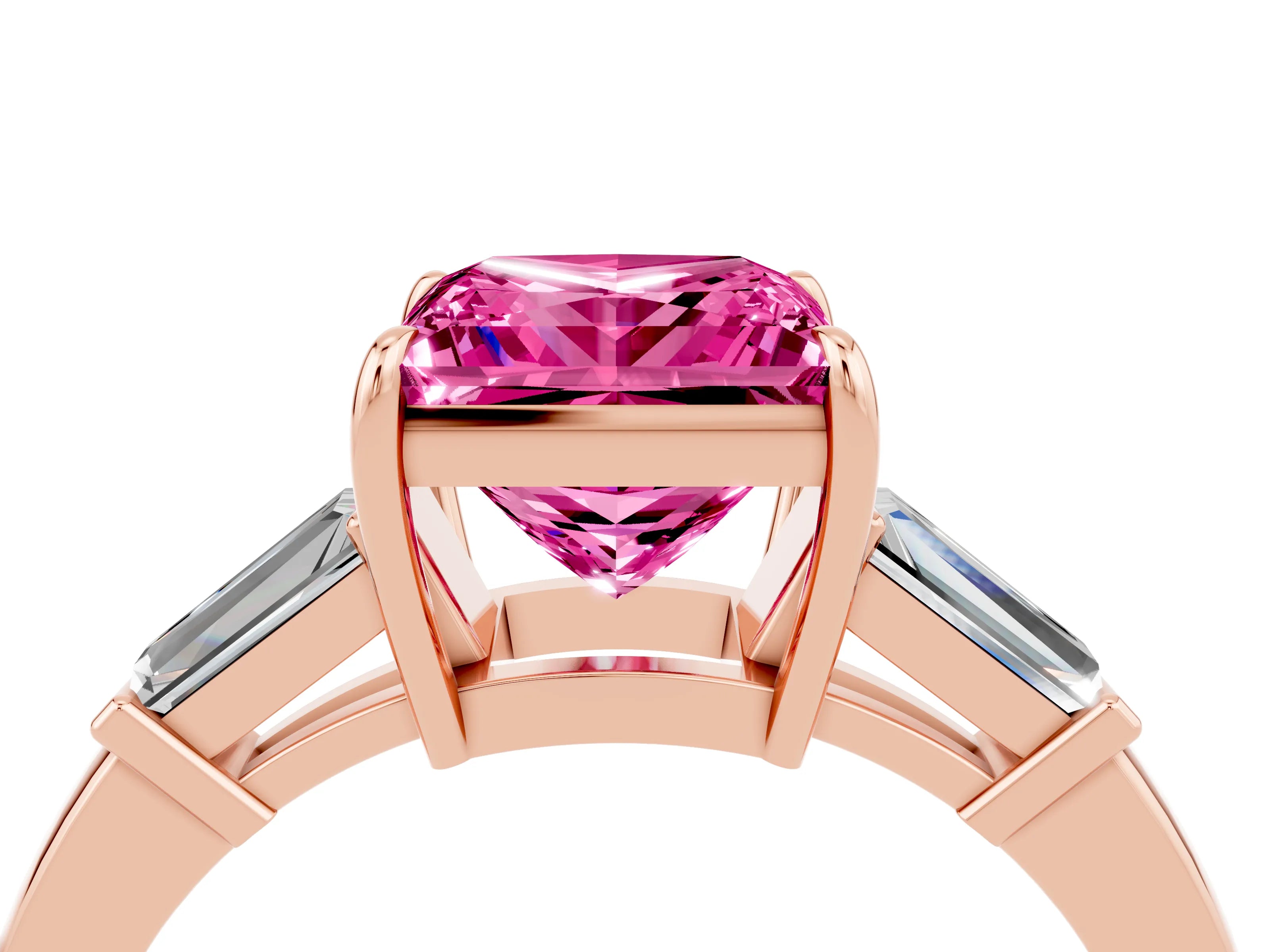 Rose gold Princess Cut Cut Diamond Ring with Tapered Baguette Side Stones in Four-Prong Setting_4