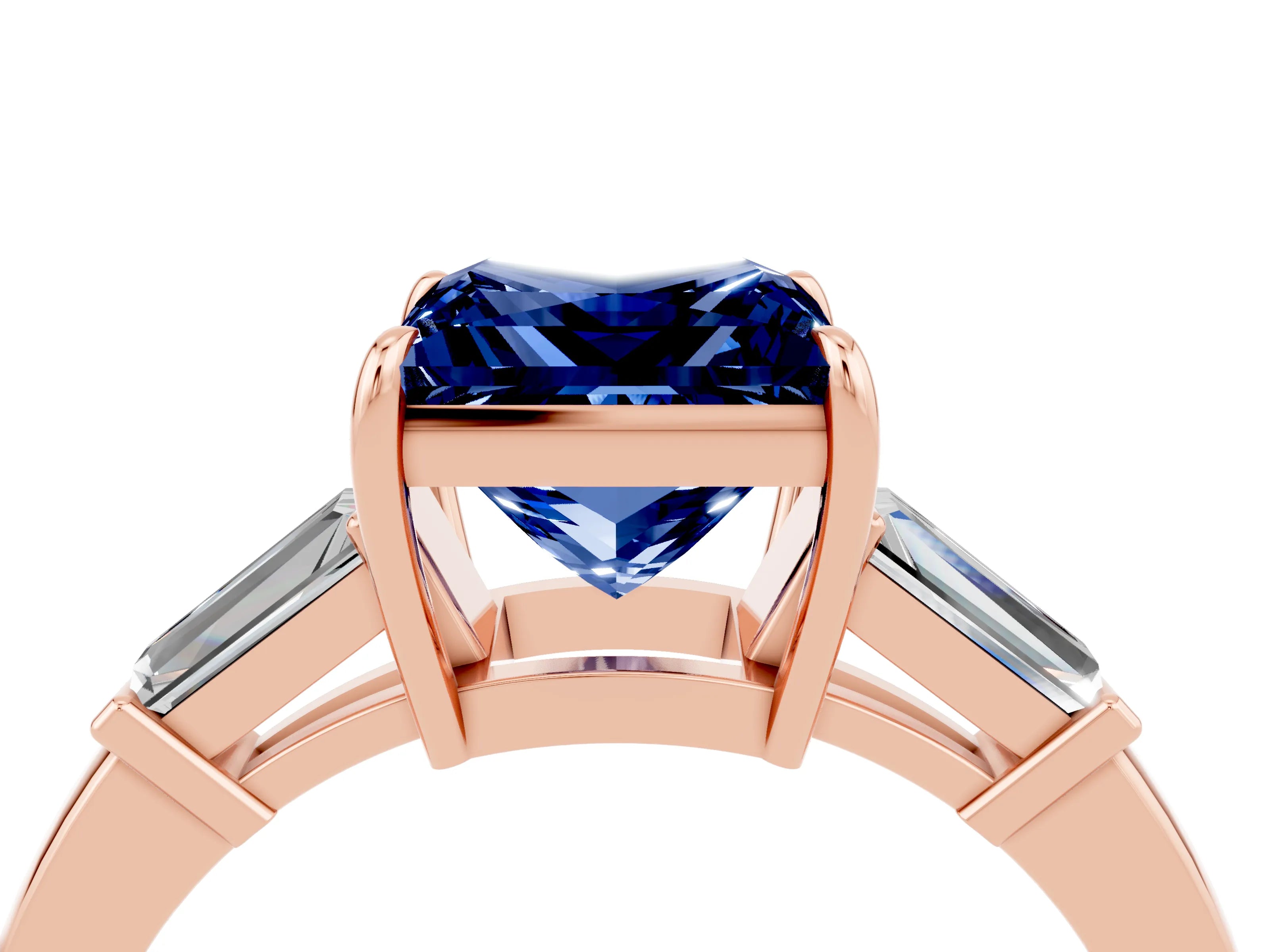 Rose gold Princess Cut Cut Diamond Ring with Tapered Baguette Side Stones in Four-Prong Setting_4