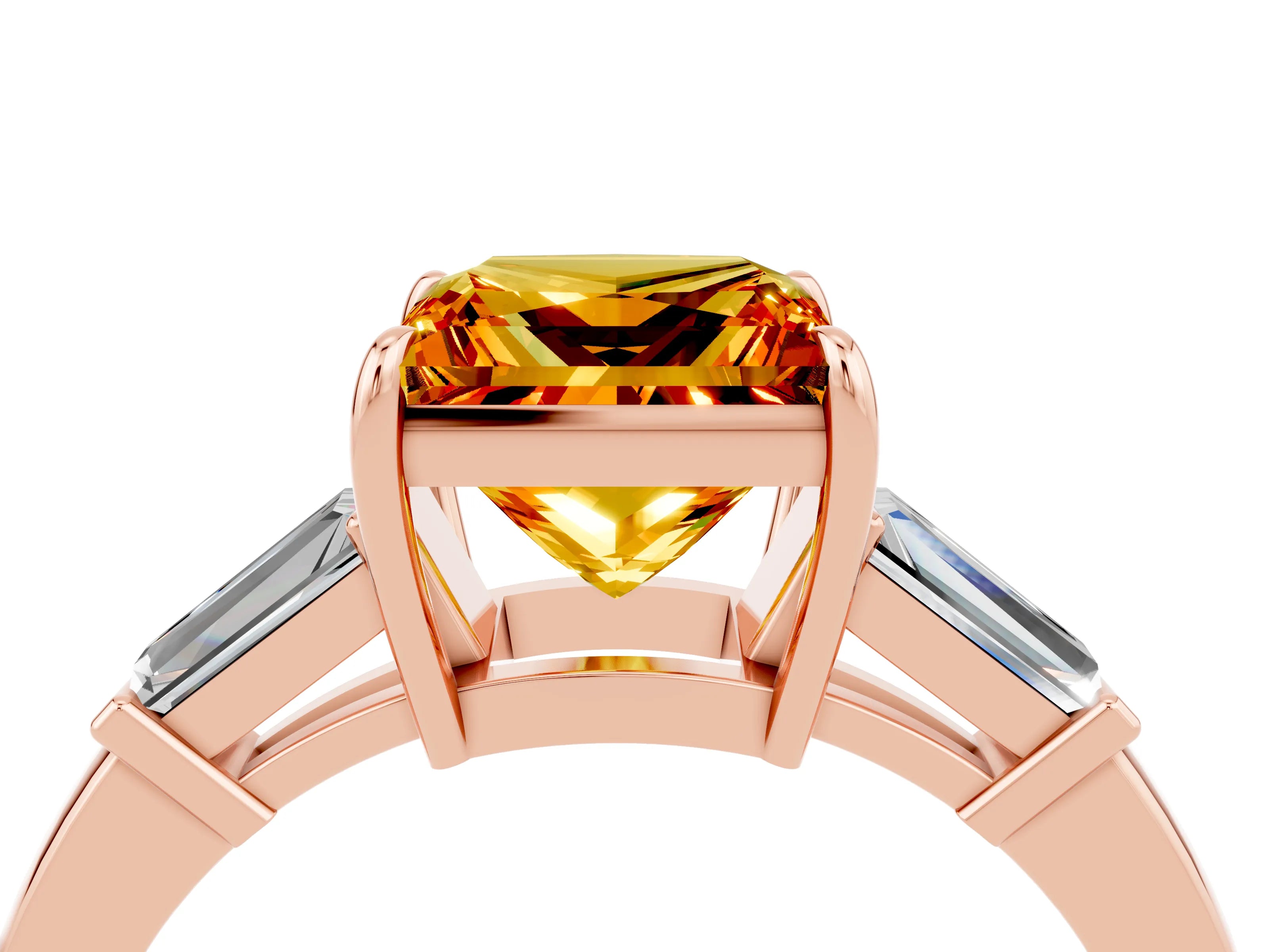 Rose gold Princess Cut Cut Diamond Ring with Tapered Baguette Side Stones in Four-Prong Setting_4