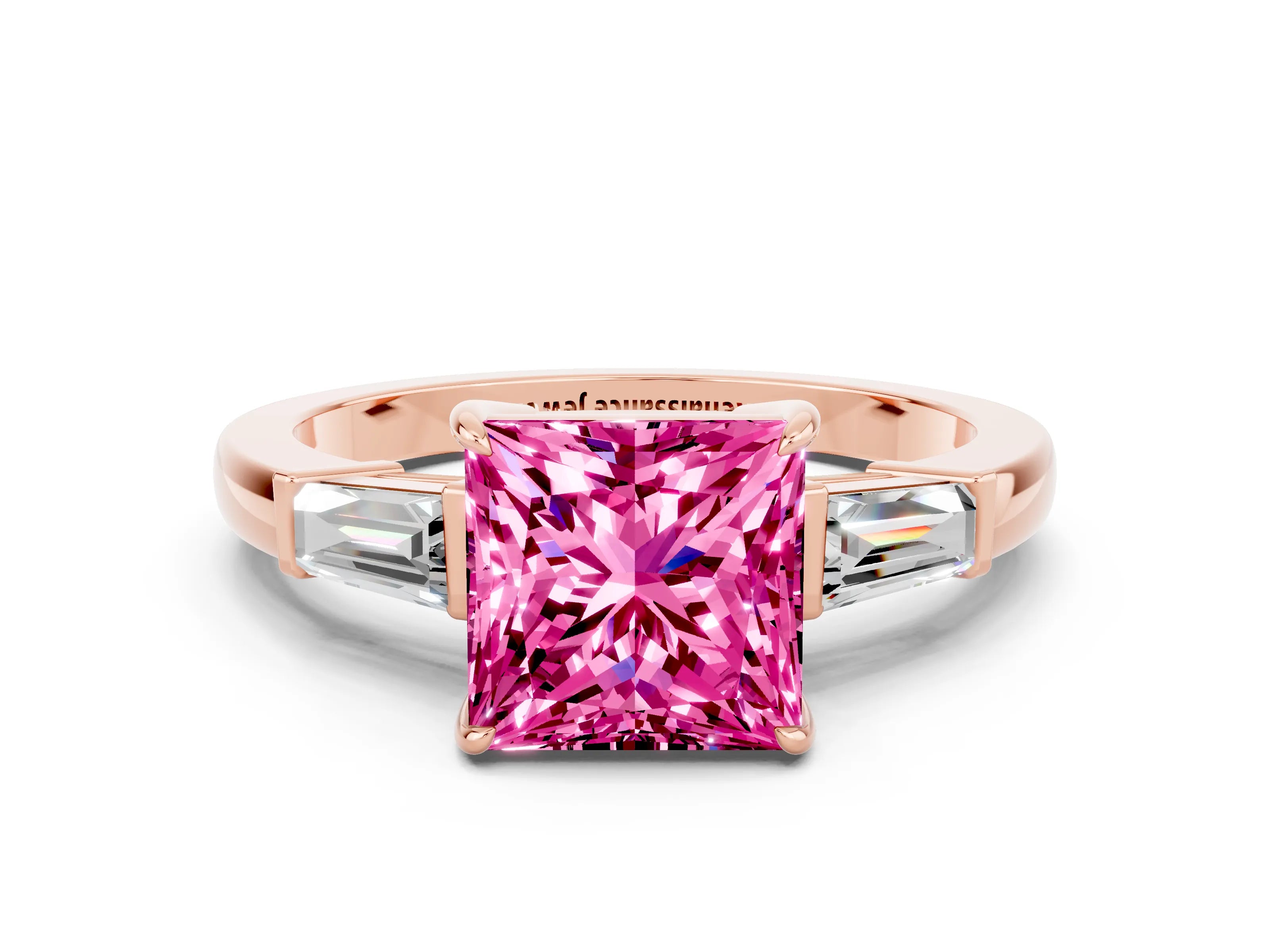Rose gold Princess Cut Cut Diamond Ring with Tapered Baguette Side Stones in Four-Prong Setting