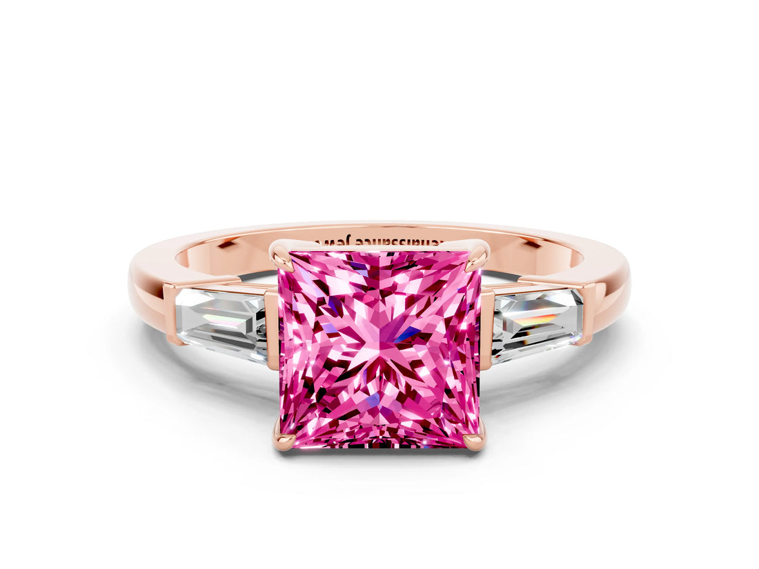 Rose gold Princess Cut Cut Diamond Ring with Tapered Baguette Side Stones in Four-Prong Setting
