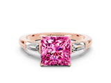 Rose gold Princess Cut Cut Diamond Ring with Tapered Baguette Side Stones in Four-Prong Setting