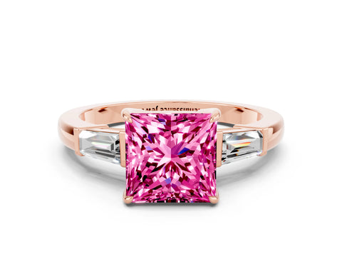 Rose gold Princess Cut Cut Diamond Ring with Tapered Baguette Side Stones in Four-Prong Setting