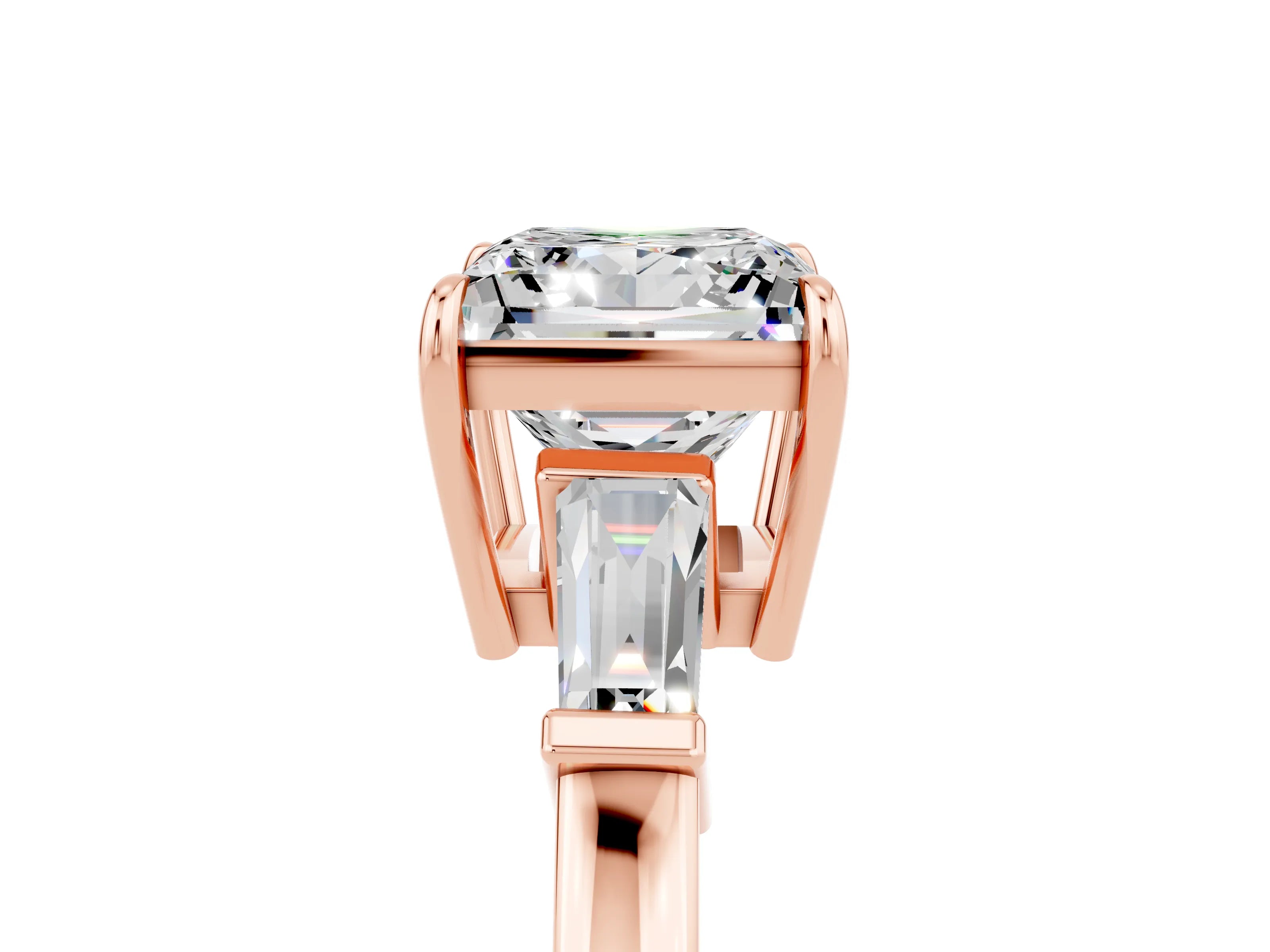 Rose gold Princess Cut Cut Diamond Ring with Tapered Baguette Side Stones in Four-Prong Setting_5