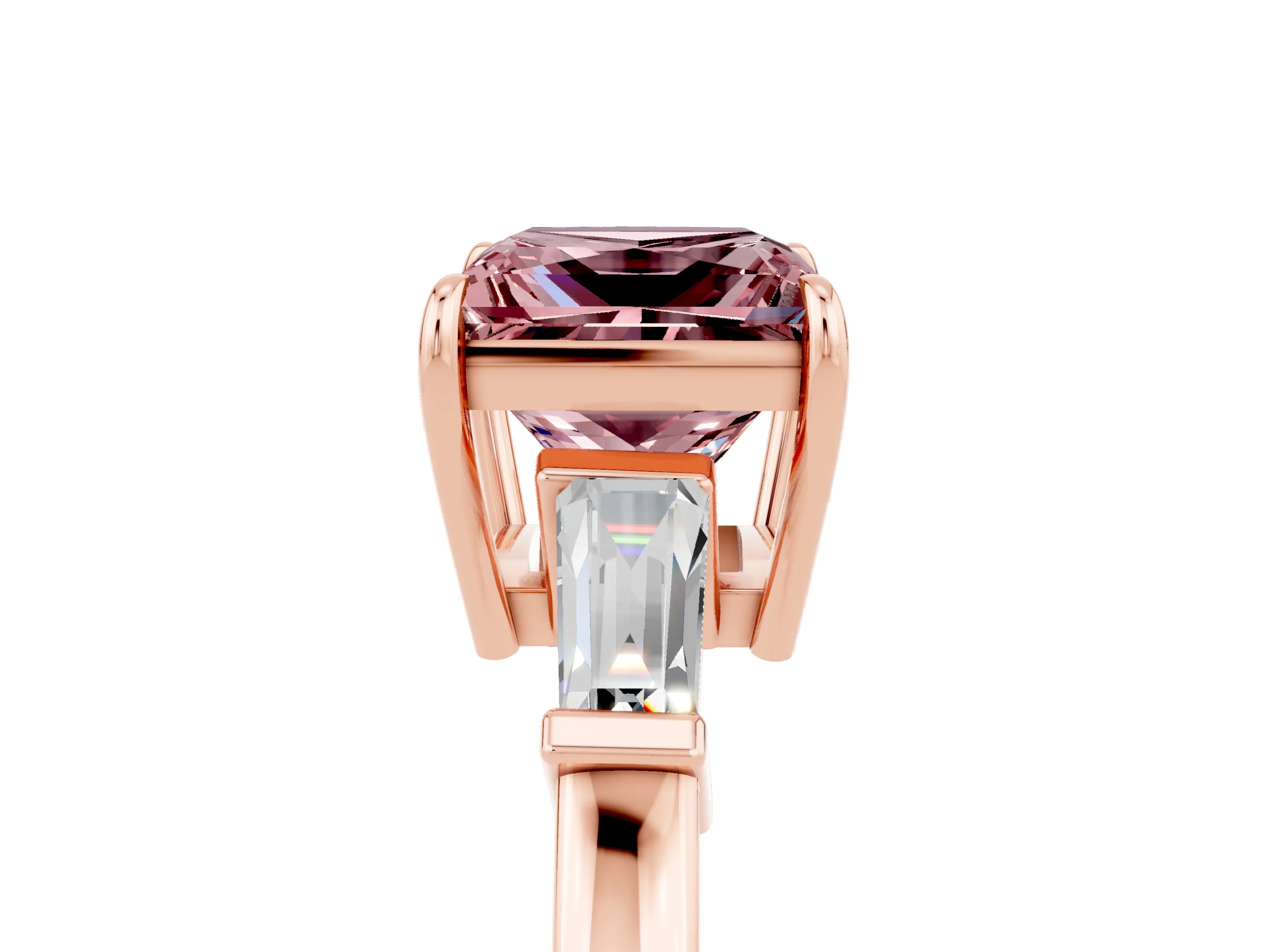 Rose gold Princess Cut Cut Diamond Ring with Tapered Baguette Side Stones in Four-Prong Setting_5