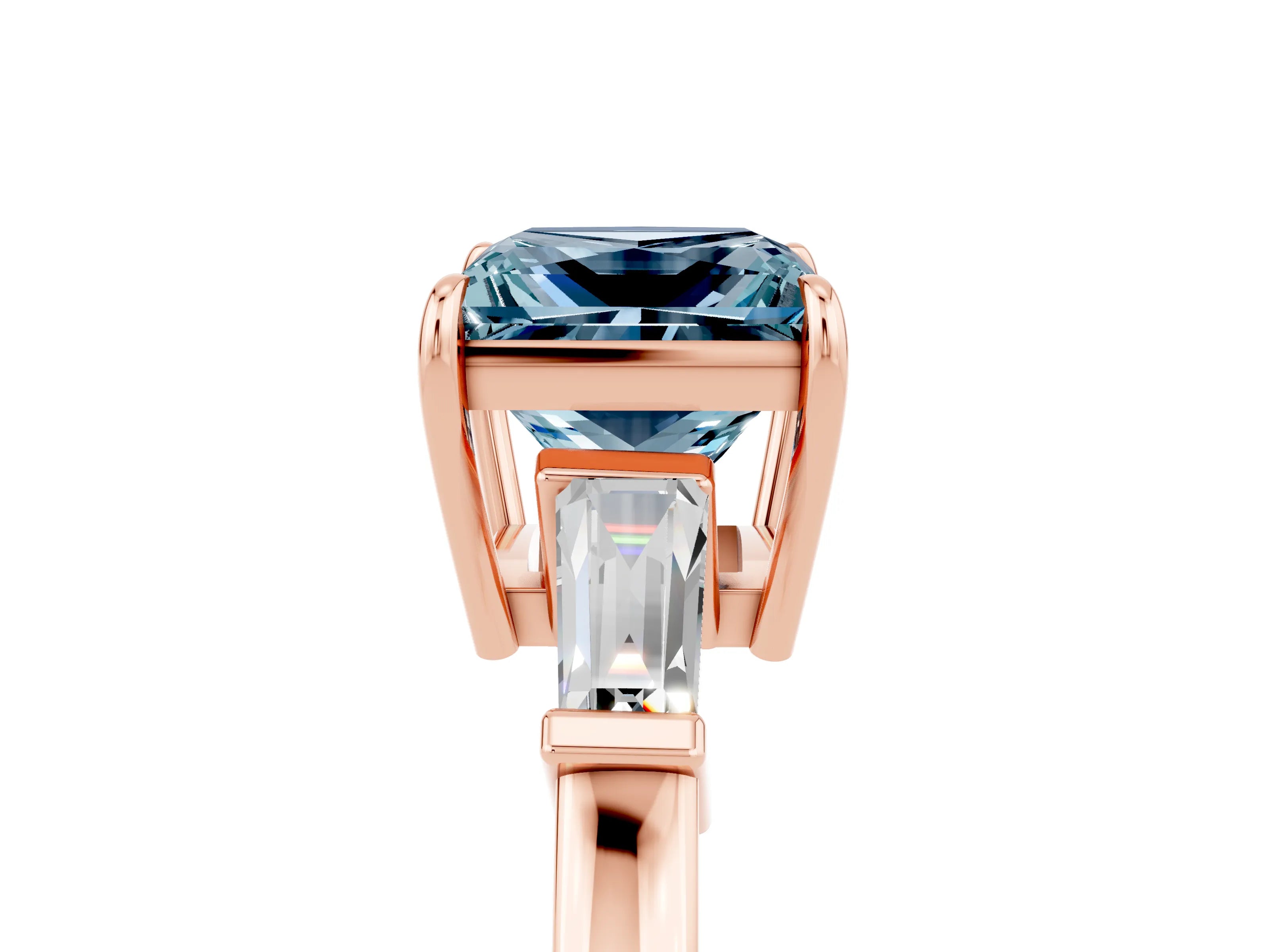 Rose gold Princess Cut Cut Diamond Ring with Tapered Baguette Side Stones in Four-Prong Setting_5