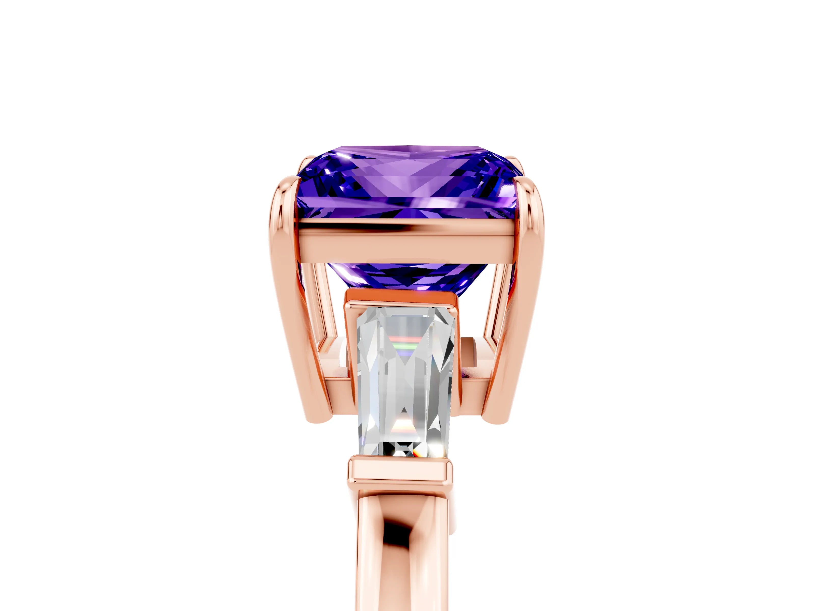 Rose gold Princess Cut Cut Diamond Ring with Tapered Baguette Side Stones in Four-Prong Setting_5