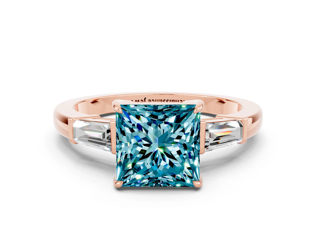 Rose gold Princess Cut Cut Diamond Ring with Tapered Baguette Side Stones in Four-Prong Setting