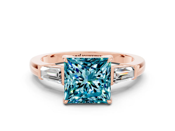Rose gold Princess Cut Cut Diamond Ring with Tapered Baguette Side Stones in Four-Prong Setting