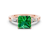Rose gold Princess Cut Cut Diamond Ring with Tapered Baguette Side Stones in Four-Prong Setting
