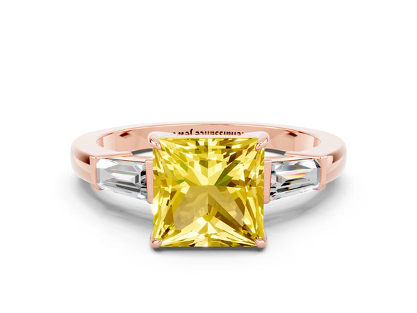 Rose gold Princess Cut Yellow Sapphire Three-Stone Ring with Tapered Baguette Side Stones and Prong Setting