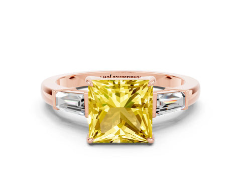 Rose gold Princess Cut Cut Diamond Ring with Tapered Baguette Side Stones in Four-Prong Setting
