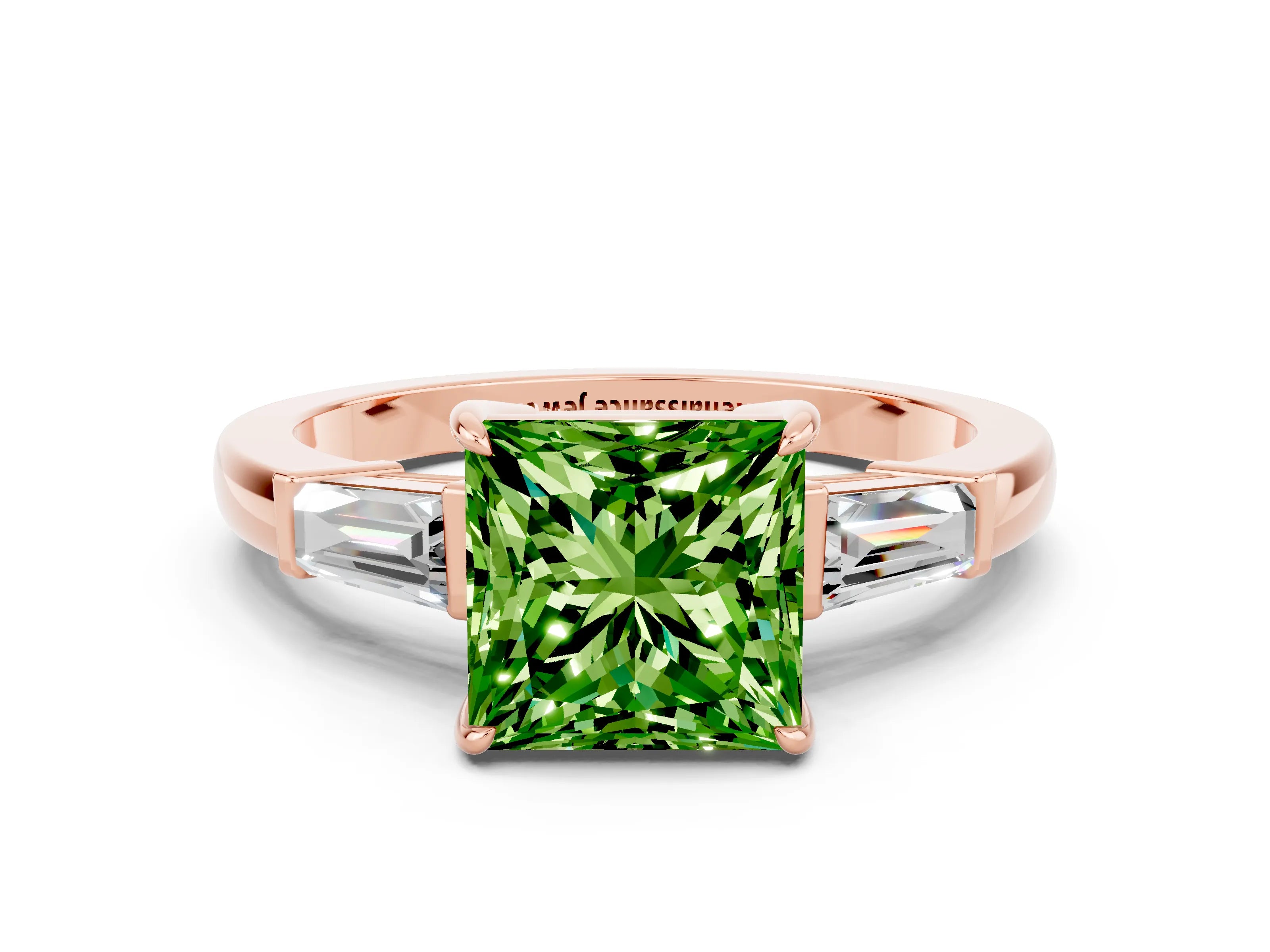 Rose gold Princess Cut Cut Diamond Ring with Tapered Baguette Side Stones in Four-Prong Setting