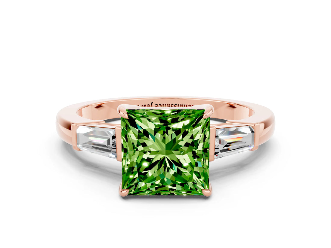 Rose gold Princess Cut Cut Diamond Ring with Tapered Baguette Side Stones in Four-Prong Setting