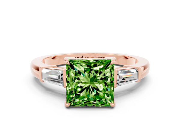 Rose gold Princess Cut Cut Diamond Ring with Tapered Baguette Side Stones in Four-Prong Setting