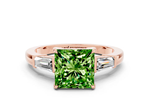 Rose gold Princess Cut Cut Diamond Ring with Tapered Baguette Side Stones in Four-Prong Setting