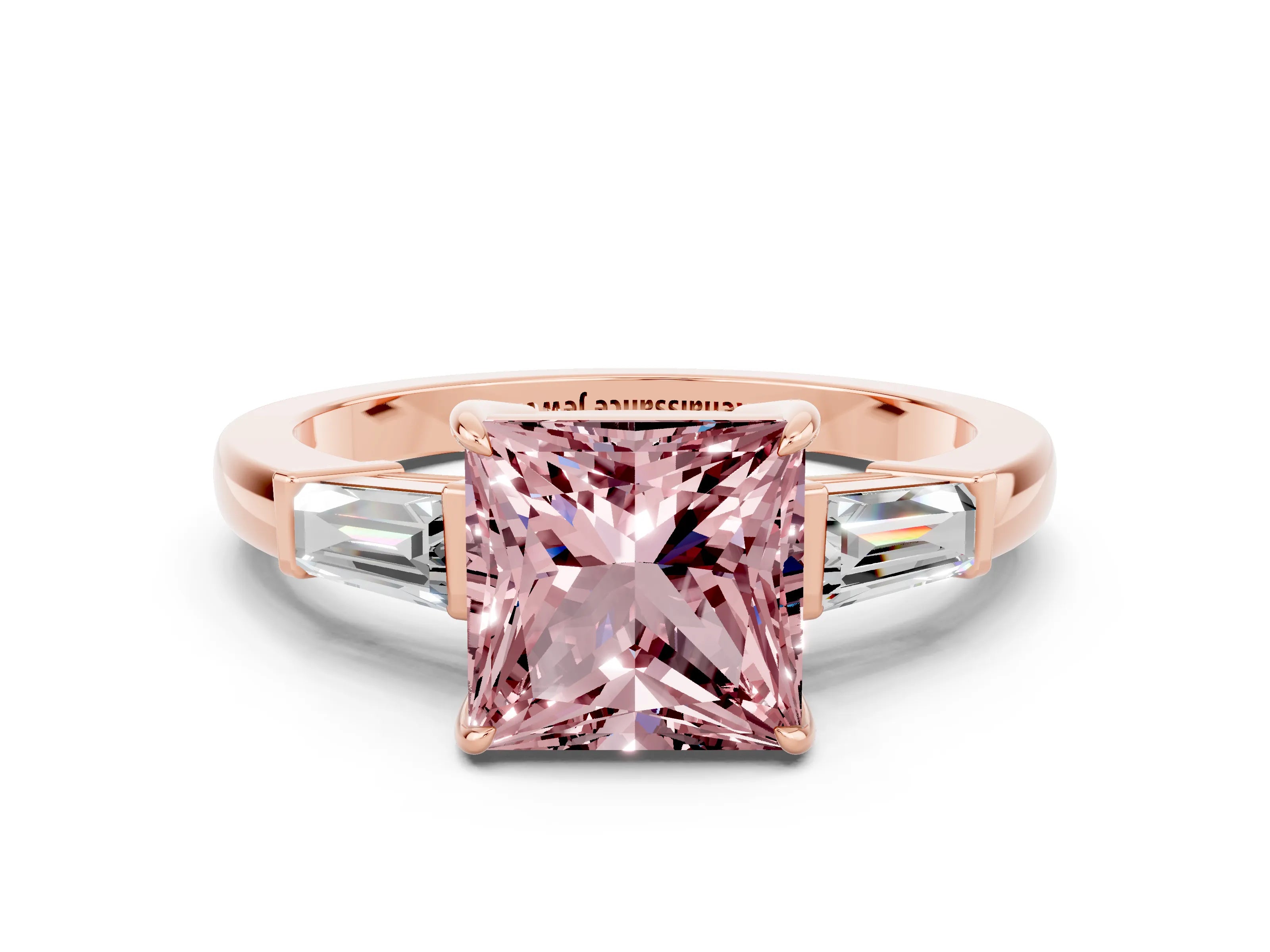 Rose gold Princess Cut Cut Diamond Ring with Tapered Baguette Side Stones in Four-Prong Setting