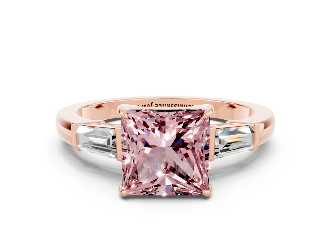 Rose gold Princess Cut Cut Diamond Ring with Tapered Baguette Side Stones in Four-Prong Setting
