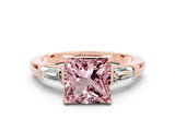 Rose gold Princess Cut Cut Diamond Ring with Tapered Baguette Side Stones in Four-Prong Setting