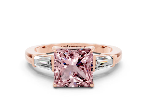 Rose gold Princess Cut Cut Diamond Ring with Tapered Baguette Side Stones in Four-Prong Setting