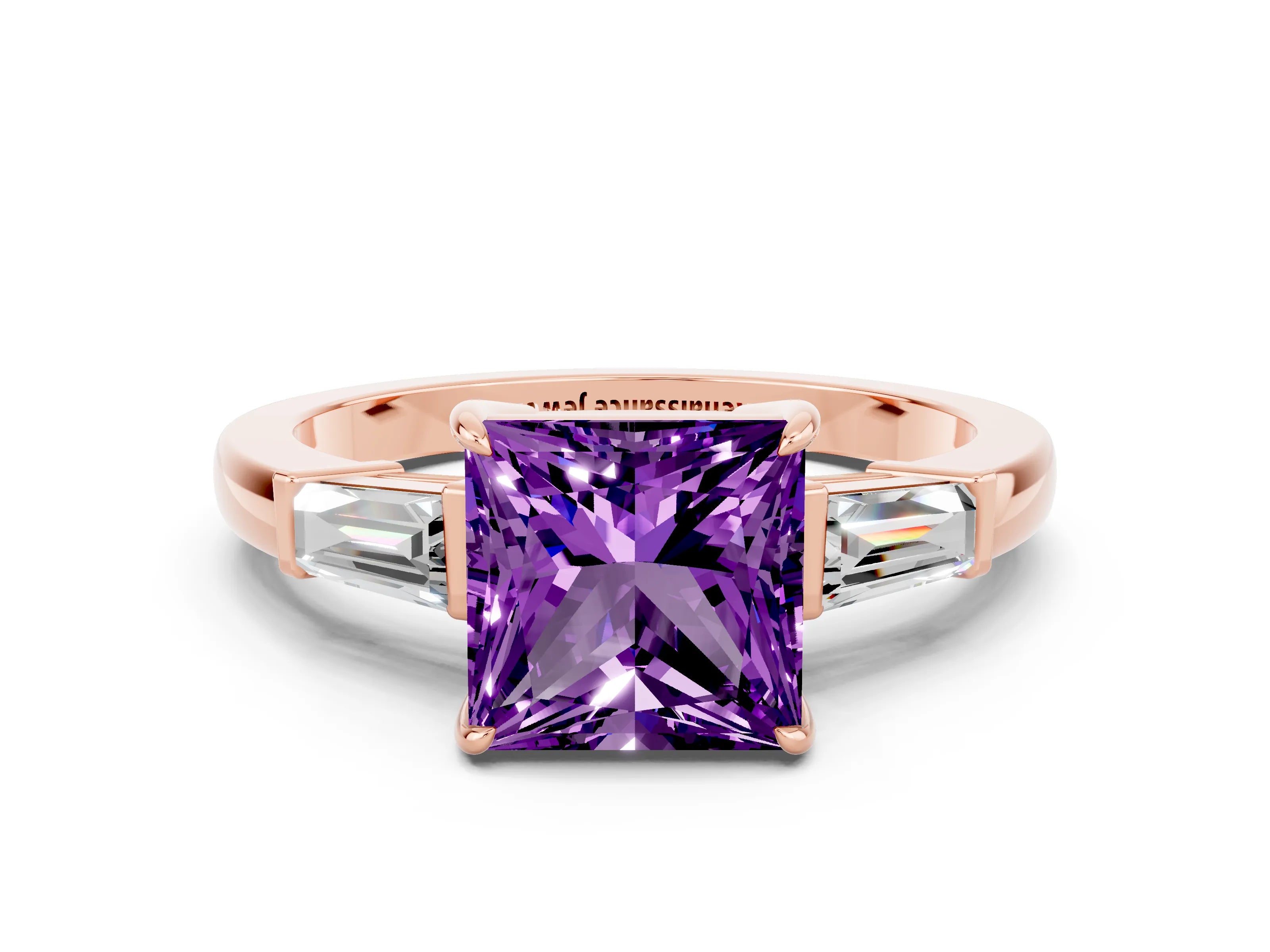 Rose gold Princess Cut Cut Diamond Ring with Tapered Baguette Side Stones in Four-Prong Setting