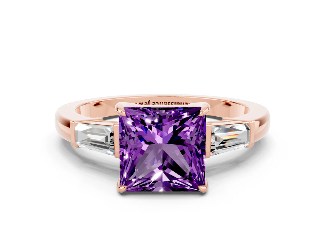 Rose gold Princess Cut Cut Diamond Ring with Tapered Baguette Side Stones in Four-Prong Setting
