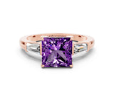 Rose gold Princess Cut Cut Diamond Ring with Tapered Baguette Side Stones in Four-Prong Setting