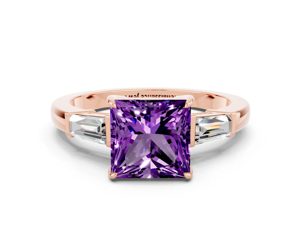 Rose gold Princess Cut Amethyst Three-Stone Ring with Tapered Baguette Side Stones and Prong Setting