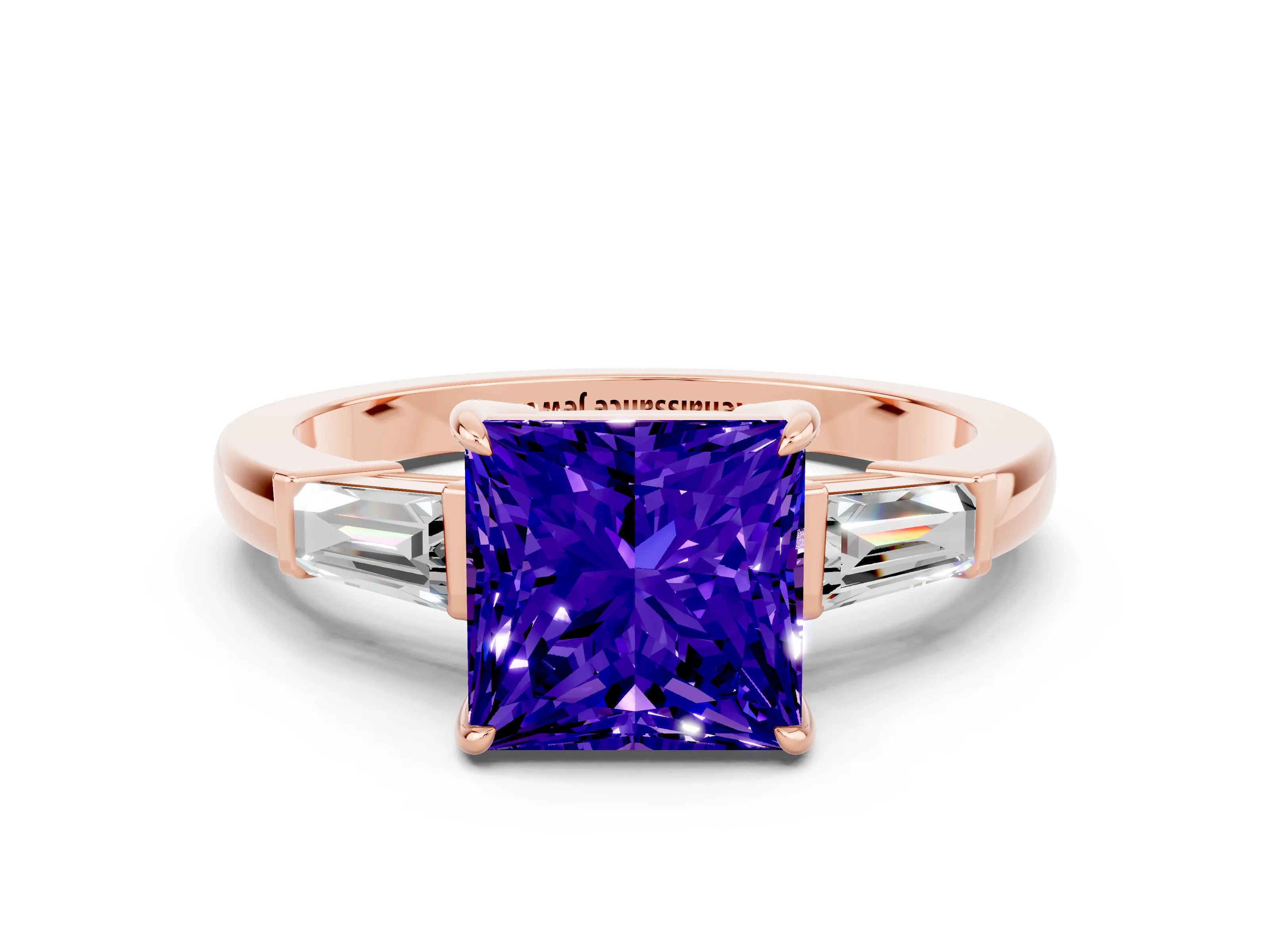 Rose gold Princess Cut Cut Diamond Ring with Tapered Baguette Side Stones in Four-Prong Setting