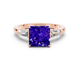 Rose gold Princess Cut Cut Diamond Ring with Tapered Baguette Side Stones in Four-Prong Setting