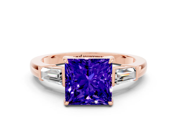Rose gold Princess Cut Tanzanite Three-Stone Ring with Tapered Baguette Side Stones and Prong Setting