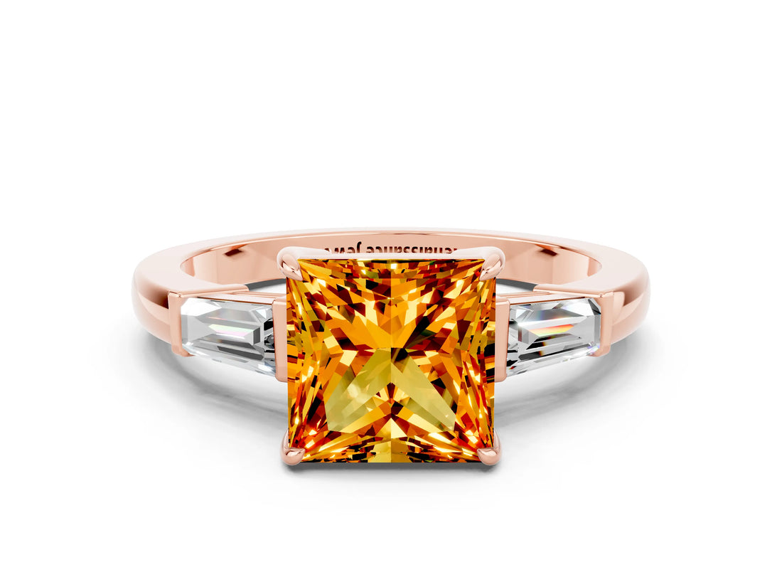 Rose gold Princess Cut Cut Diamond Ring with Tapered Baguette Side Stones in Four-Prong Setting