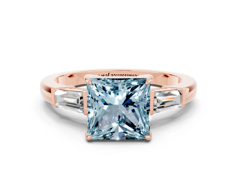 Rose gold Princess Cut Cut Diamond Ring with Tapered Baguette Side Stones in Four-Prong Setting