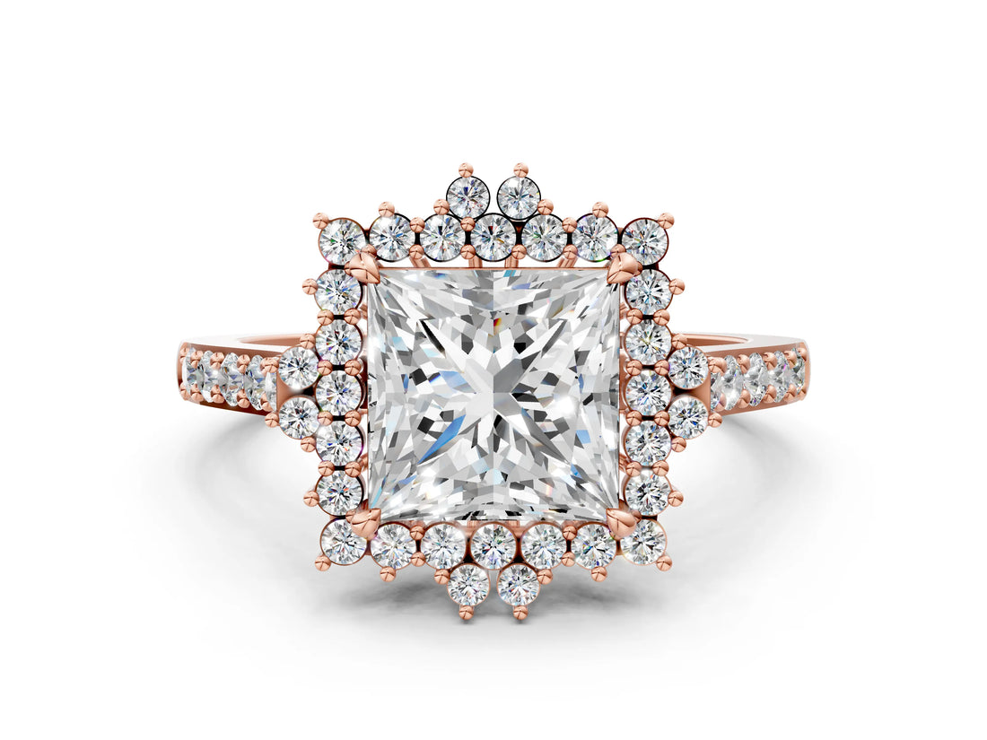 Rose gold Princess Cut Cut Diamond Sunburst Halo Engagement Ring with Pavé Band_3