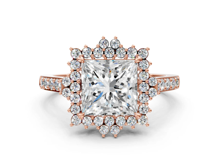 Rose gold Princess Cut Cut Diamond Sunburst Halo Engagement Ring with Pavé Band