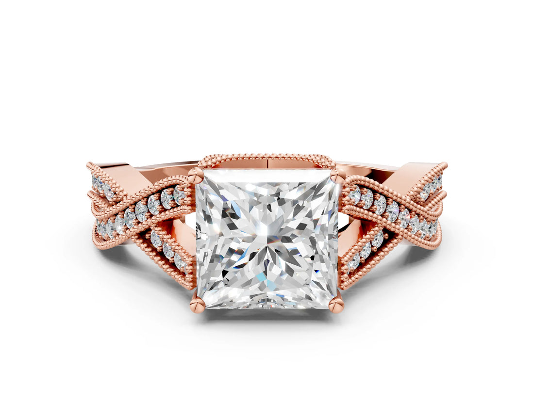 Rose gold Princess Cut Cut Diamond Twisted Band with Milgrain Pave Setting and Four-Prong Setting_2