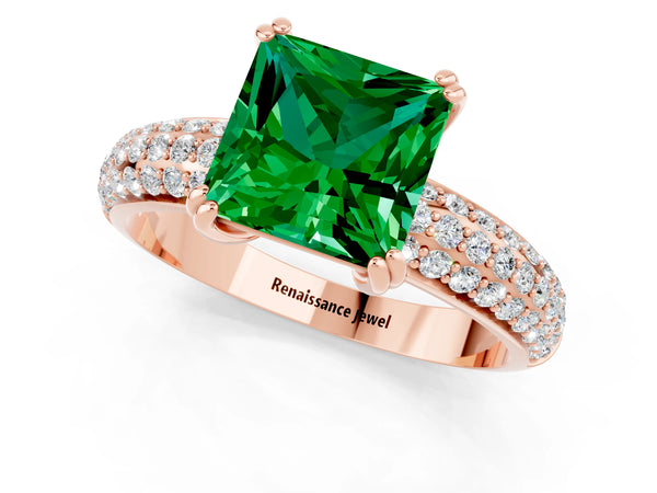 Rose gold Princess Cut Emerald Solitaire Ring with Multi-Row Round Pavé Band and Prong Setting