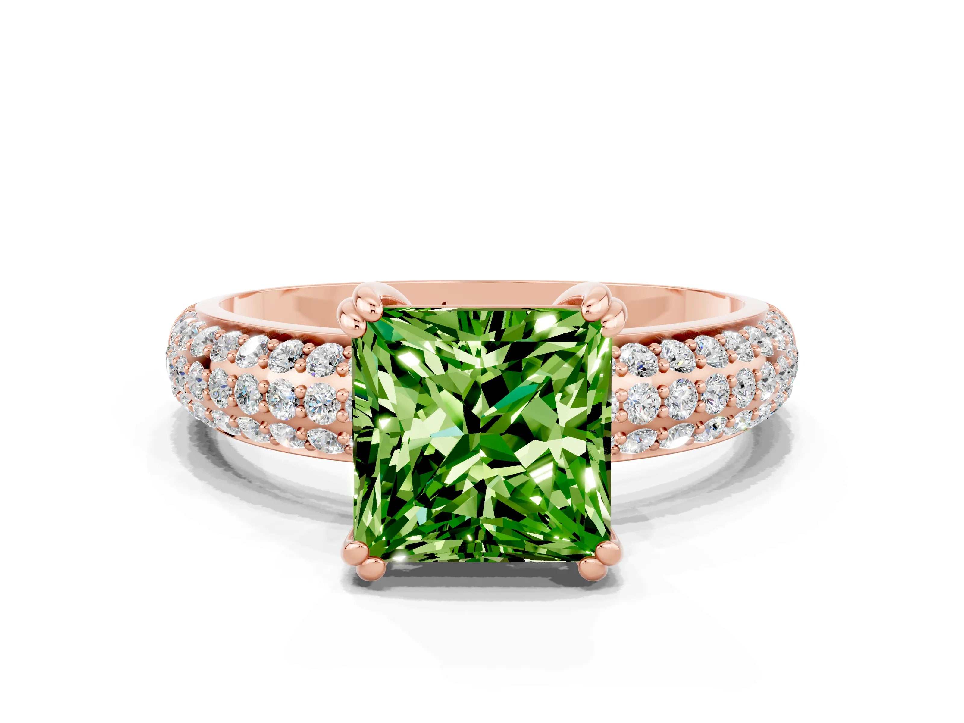 Rose gold Princess Cut Cut Pave Diamond Engagement Ring with Channel Set Band and Four-Prong Setting