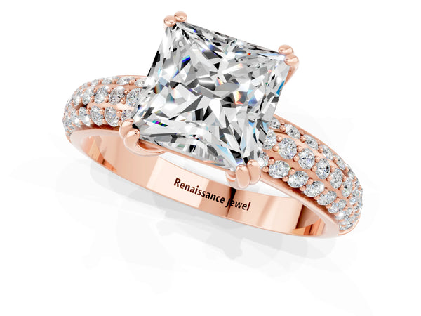 Rose gold Princess Cut Moissanite Solitaire Ring with Multi-Row Round Pavé Band and Prong Setting