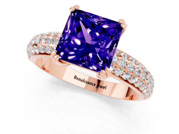Rose gold Princess Cut Tanzanite Solitaire Ring with Multi-Row Round Pavé Band and Prong Setting
