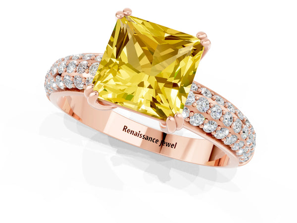 Rose gold Princess Cut Yellow Sapphire Solitaire Ring with Multi-Row Round Pavé Band and Prong Setting