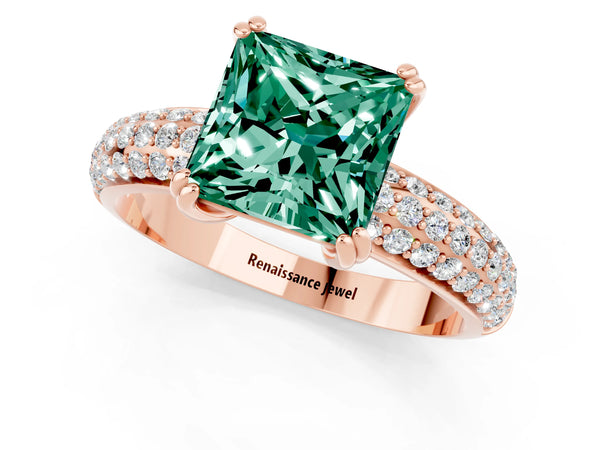 Rose gold Princess Cut Green Sapphire Solitaire Ring with Multi-Row Round Pavé Band and Prong Setting