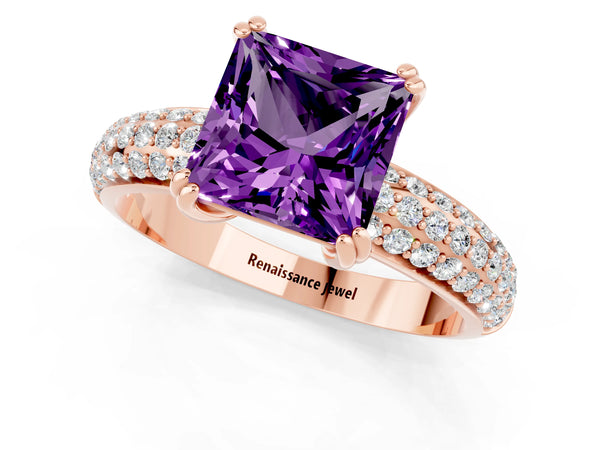 Rose gold Princess Cut Amethyst Solitaire Ring with Multi-Row Round Pavé Band and Prong Setting