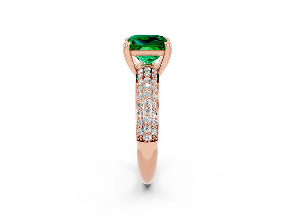 Rose gold Princess Cut Emerald Solitaire Ring with Multi-Row Round Pavé Band and Prong Setting