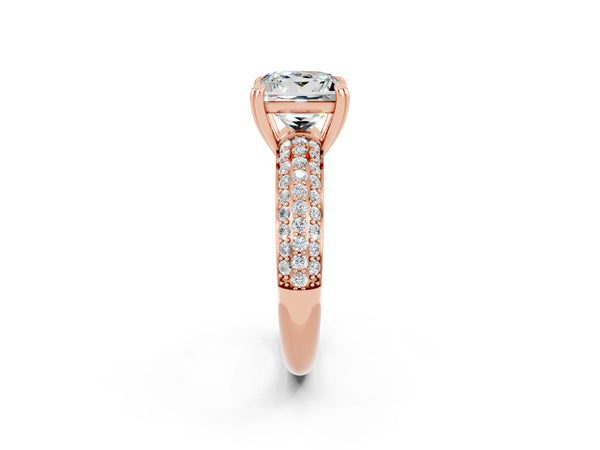 Rose gold Princess Cut Moissanite Solitaire Ring with Multi-Row Round Pavé Band and Prong Setting