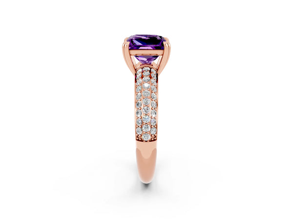 Rose gold Princess Cut Amethyst Solitaire Ring with Multi-Row Round Pavé Band and Prong Setting